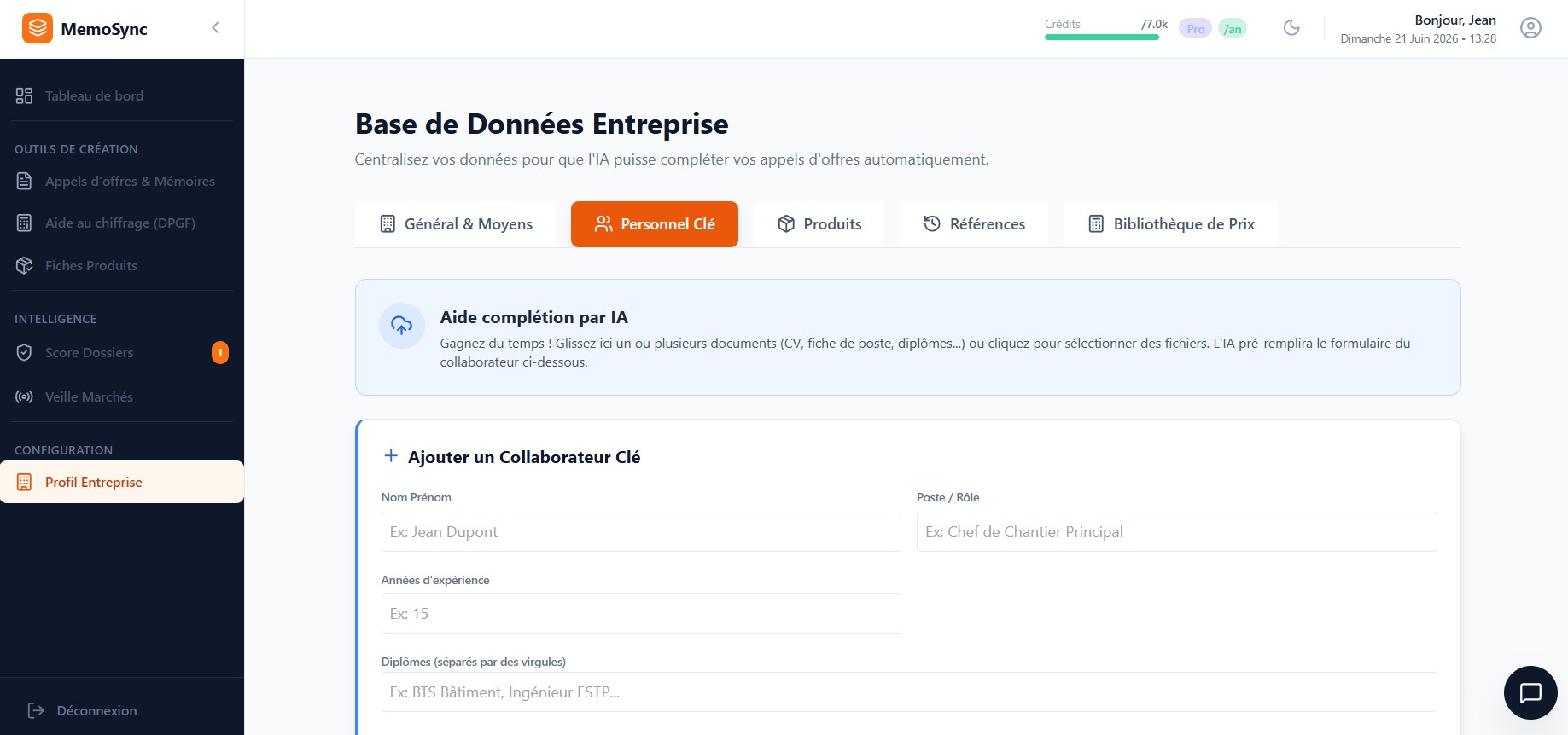 Entrez vos Personnel clé