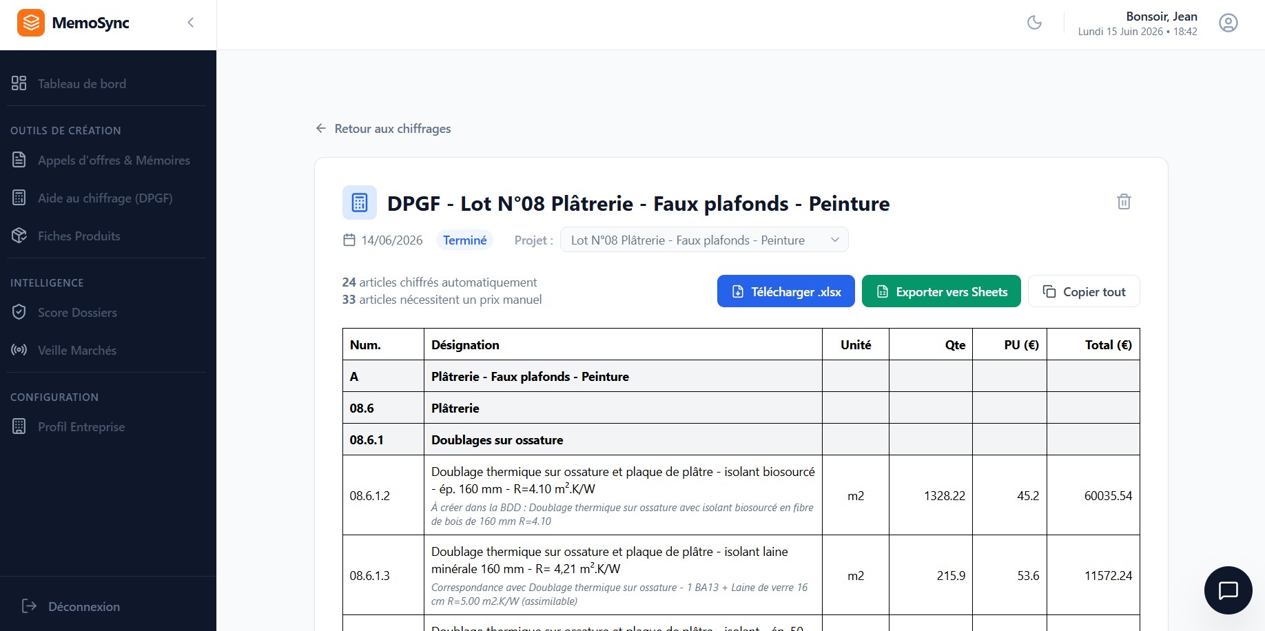 Obtenez votre DPGF complétée