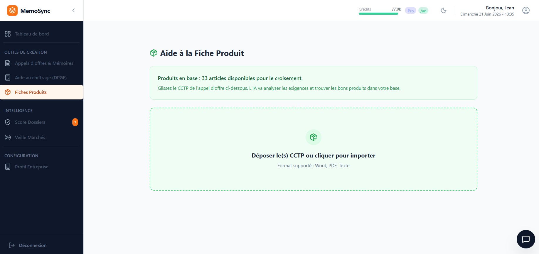 Transférez le CCTP associé aux Fiches Produits à réaliser